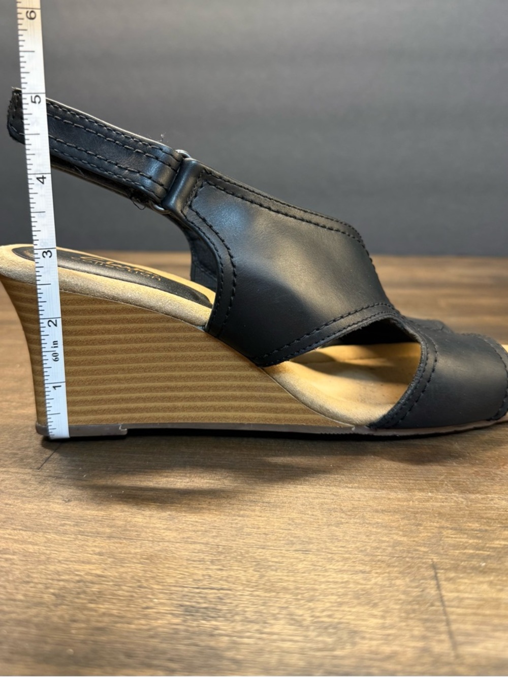 Clarks Black Leather Wedge Sandals with Tan Wedge - Picture 10 of 10
